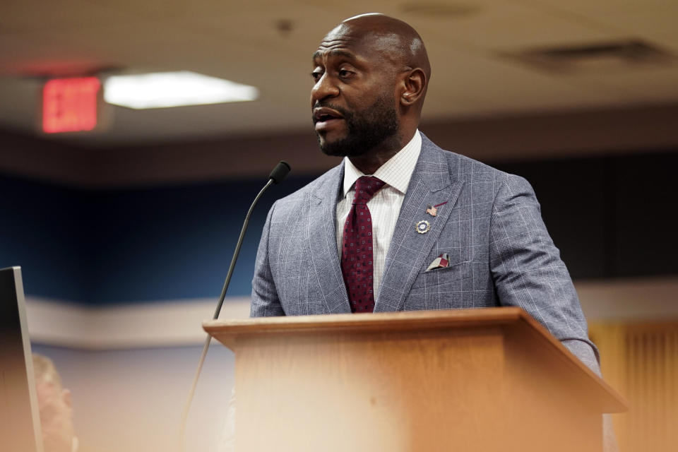 FILE - Special prosecutor Nathan Wade speaks during a motions hearing for former President Donald Trump's election interference case, Jan. 12, 2024 in Atlanta. Lawyer Ashleigh Merchant, who has alleged that Fulton County District Attorney Fani Willis has had an inappropriate romantic relationship with Wade, has called the two to testify at a hearing next month.(Elijah Nouvelage/The Washington Post via AP, Pool)