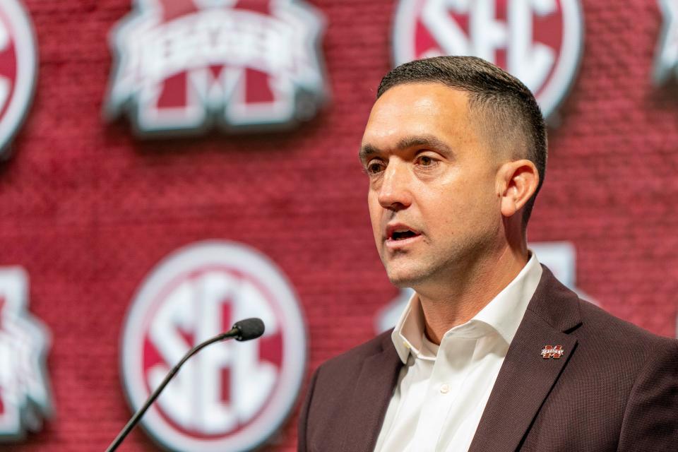 Oct 18, 2022; Mountain Brook, Alabama, US; Mississippi State women’s head coach Sam Purcell speaks to the media at the SEC Media days. Mandatory Credit: Marvin Gentry-USA TODAY Sports