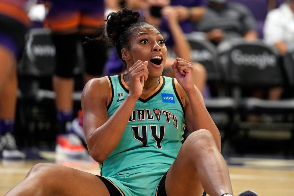 New York Liberty guard/forward Betnijah Laney reacts after getting called for a foul against the Phoenix Mercury during the second half in the first round of the WNBA basketball playoffs, Thursday, Sept. 23, 2021, in Phoenix. Phoenix won 83-82. (AP Photo/Rick Scuteri)