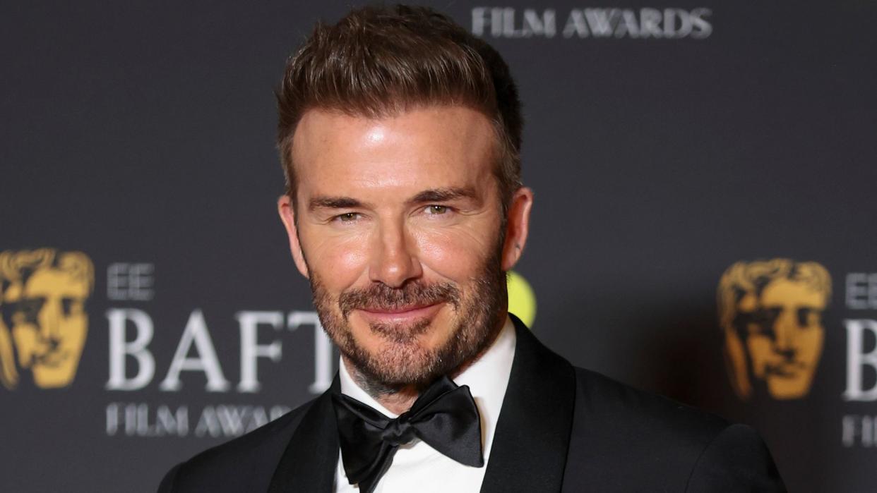 David Beckham poses in the winners room at the 2024 EE BAFTA Film Awards at The Royal Festival Hall on February 18, 2024 in London, England