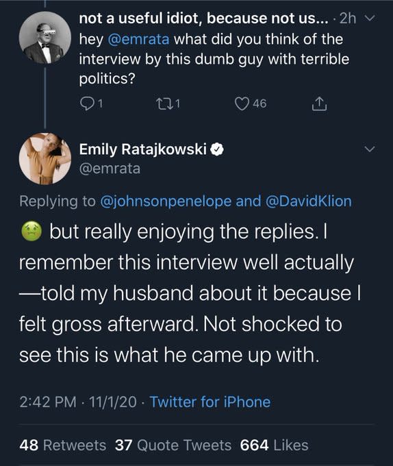 Emily revealed to a follower that she remembered the interview because she "felt gross afterward". Photo: Twitter