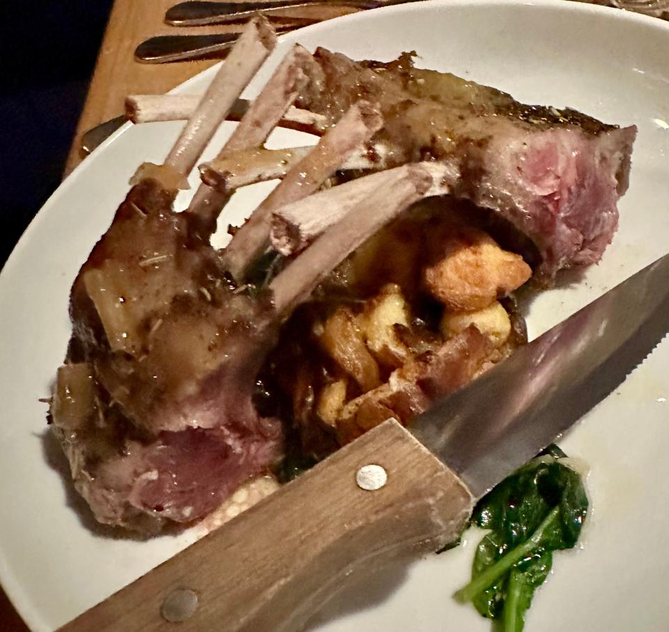 H2 features an entree of rosemary rubbed rack of lamb with a mushroom, gruyere and leek bread pudding and sauteed garlic greens with a dijon reduction.