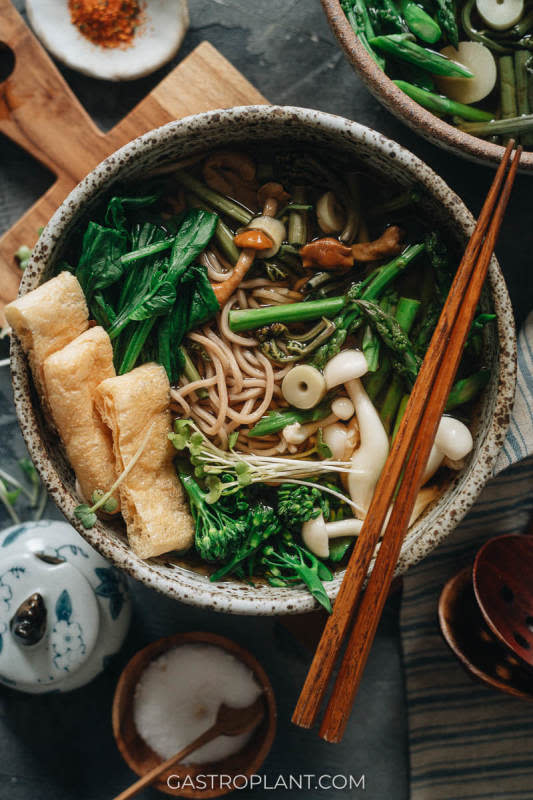 <p>This soba noodle soup features fresh spring veggies, crispy tofu, bamboo shoots, and mushrooms in a smoky, savory broth with toothy buckwheat noodles. It’s both refreshing and hearty – a slurpable and soothing one-bowl meal.</p><p><strong>Get the recipe: <a href="https://gastroplant.com/vegan-soba-noodle-soup-sansai-soba/" rel="nofollow noopener" target="_blank" data-ylk="slk:Vegan Soba Noodle Soup;elm:context_link;itc:0;sec:content-canvas" class="link "><em>Vegan Soba Noodle Soup</em></a></strong></p>