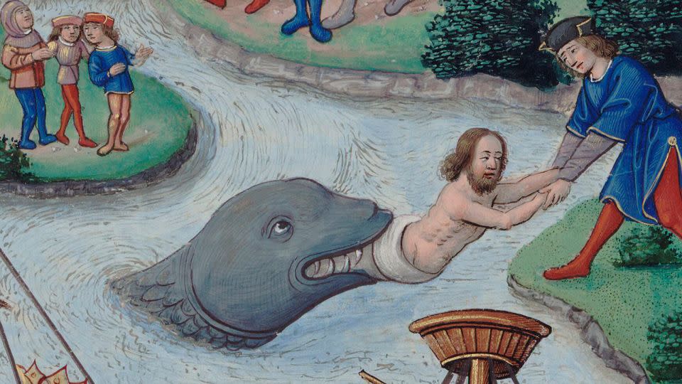 "Well, one of us is going to have to let him go," Swarthout writes of this detail from a early 16th-century manuscript, showing Jonah and the big fish who just can't quit him. - Biblissima+/Courtesy Penguin Random House