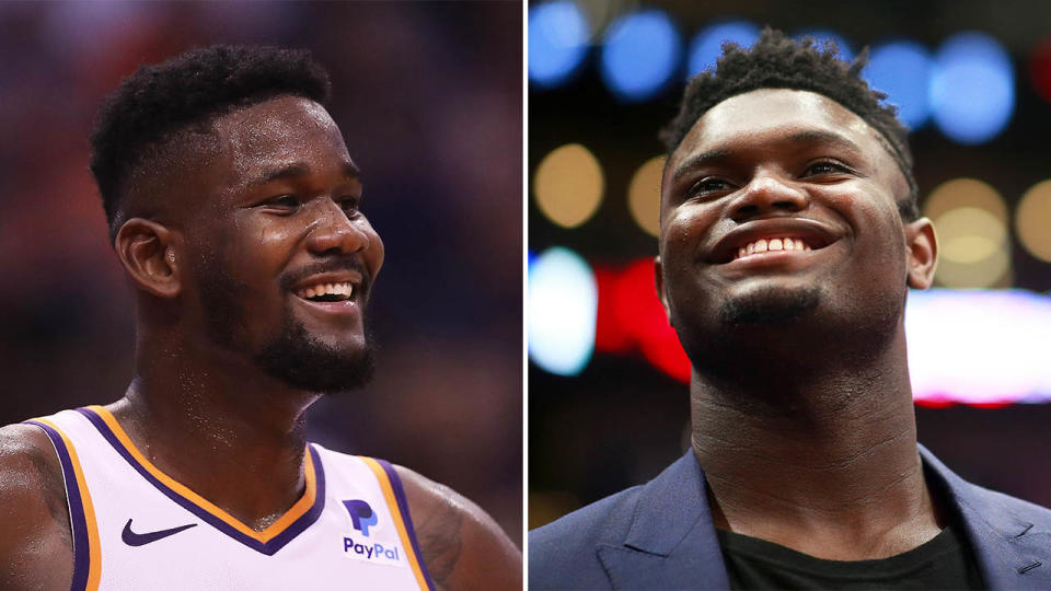 Deandre Ayton (pictured left) smiling for the Suns and Zion Williamson on the bench.