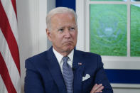 President Joe Biden attends a virtual COVID-19 summit during the 76th Session of the United Nations General Assembly, in the South Court Auditorium on the White House campus, Wednesday, Sept. 22, 2021, in Washington. (AP Photo/Evan Vucci)