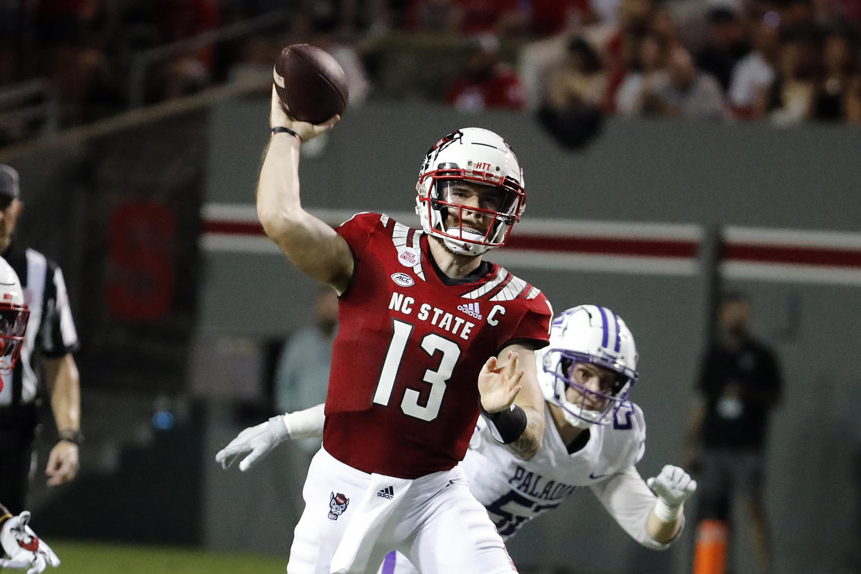 North Carolina State's Devin Leary (13) returns this season to lead a team with big expectations. (AP Photo/Karl B DeBlaker)