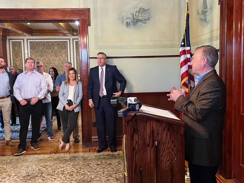 Jason Harrison, president and CEO of the Amarillo Chamber of Commerce, speaks out in support of Amarillo Independent School District's Proposition A at a press conference Thursday morning.