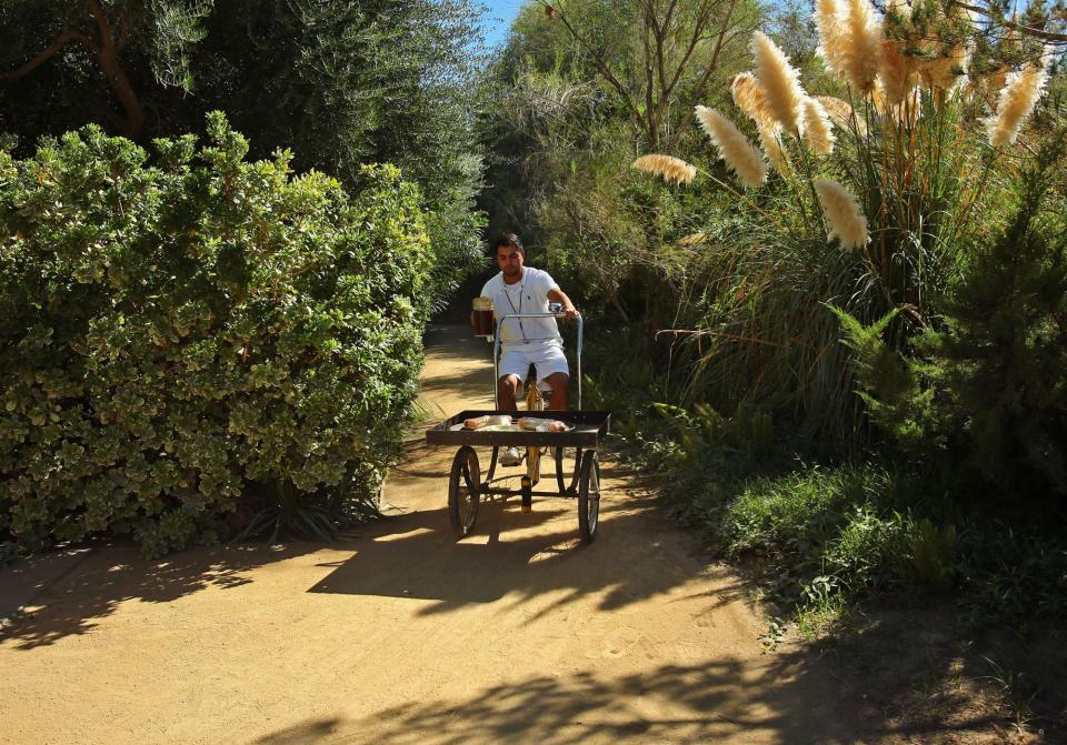 Pool attendant Juan Delara carries a pitcher in one hand while riding a bicycle to deliver plates of food to the pool area at the Parker Palm Springs.