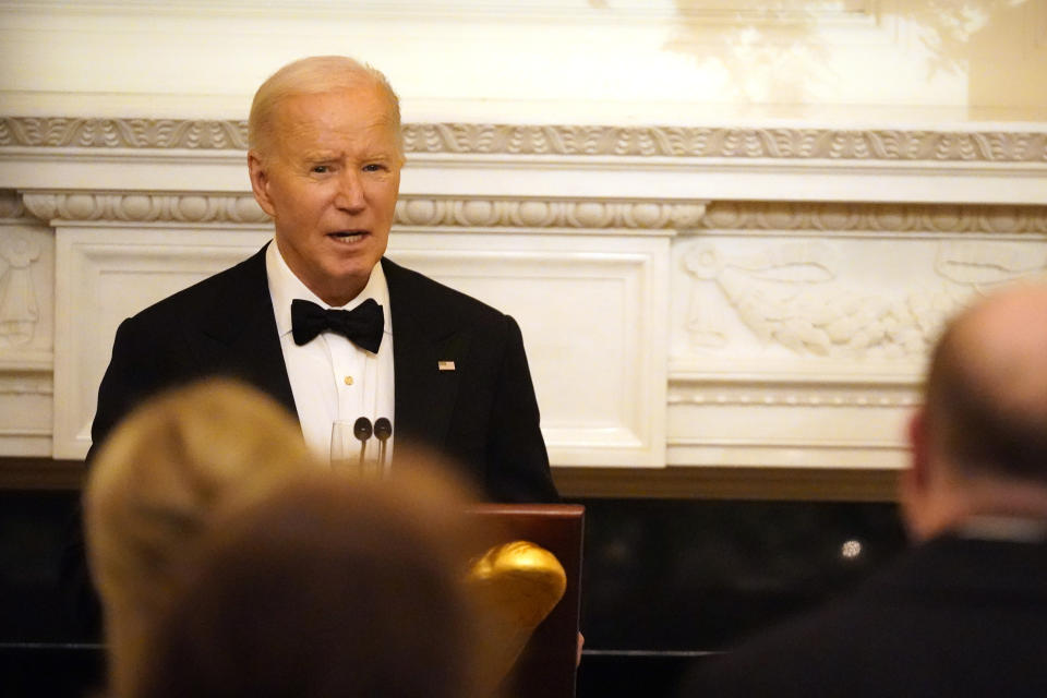 President Joe Biden speaks to members of the National Governors Association during an event in the State Dining Room of the White House in Washington, Saturday, Feb. 24, 2024. (AP Photo/Stephanie Scarbrough)