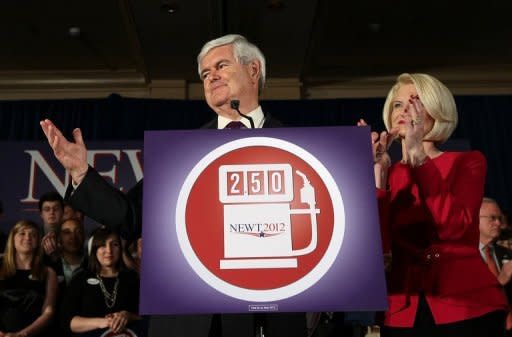 Republican presidential candidate Newt Gingrich speaks March 13 at an election night party with his wife Callista in Birmingham, Alabama. Republican White House hopefuls set their sights on President Barack Obama's home state of Illinois Friday in hopes of shaking up the plodding race to become their party's standard bearer in the November election