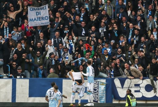 Cheeky celebration: Sergio Floccari hits the winner for SPAL against Juventus