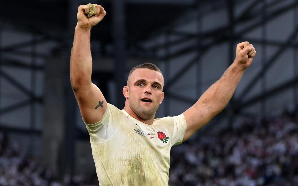 Ben Earl of England celebrates victory at full-time following the Rugby World Cup France 2023 Quarter Final match between England and Fiji at Stade Velodrome on October 15, 2023 in Marseille, France