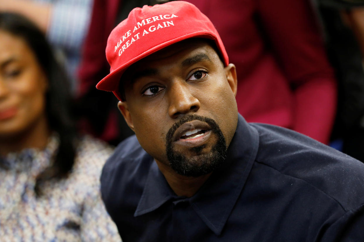 Rapper Kanye West speaks during a meeting with U.S. President Donald Trump to discuss criminal justice reform at the White House in Washington, U.S., October 11, 2018. REUTERS/Kevin Lamarque