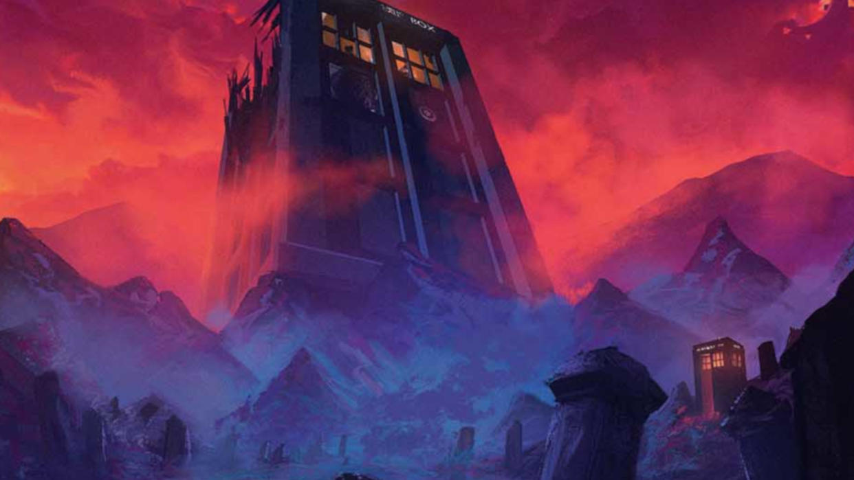  The Doctor's Tomb card from the Masters of Evil MTG Doctor Who Commander deck, showing an enormous Tardis looming over the landscape 