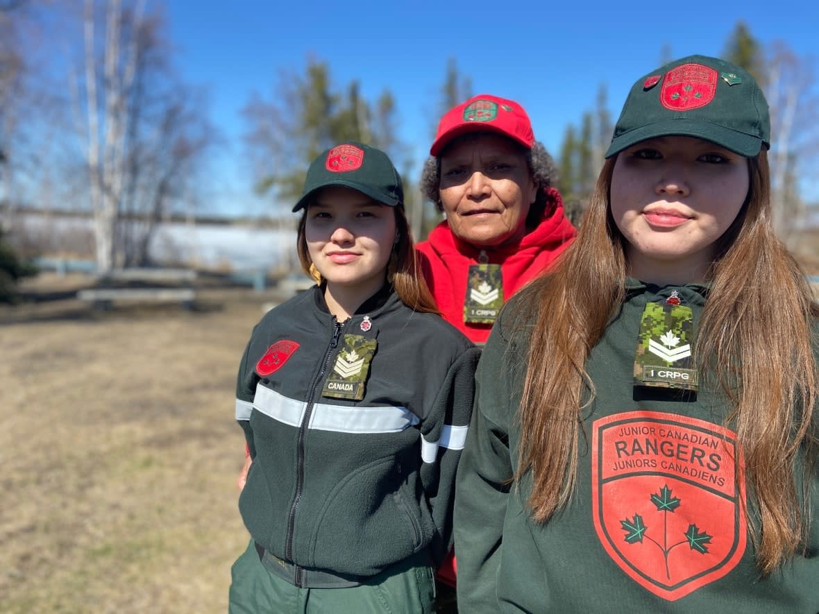 Master Corporal Therese Simon, pictured in the middle, is the Fort Resolution Junior Ranger leader. She says its an honour to attend the ceremony in Victoria, along with the youth members that she helps lead.  (Celeste Decaire/CBC - image credit)