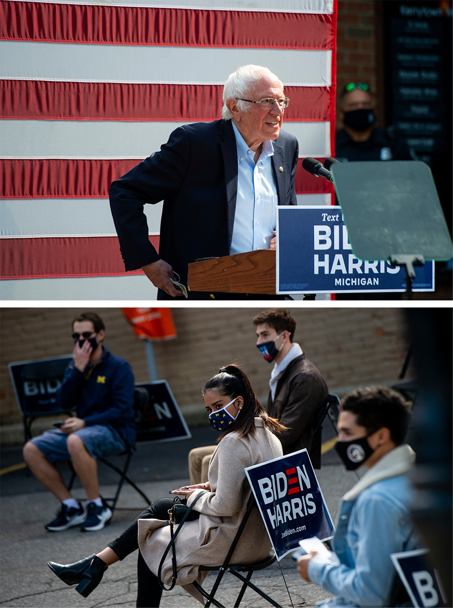 University of Michigan student leaders are welcomed as guests before Vermont Sen. Bernie Sanders speaks at Kerrytown Market in Ann Arbor on Monday, Oct. 5, 2020. 2Twenty-five people were permitted inside the socially-distanced rally, while a larger group gathered on the sidewalk outside. 

Vermont Sen. Bernie Sanders approaches the stage at Kerrytown Market in Ann Arbor on Monday, Oct. 5, 2020. Twenty-five people were permitted inside the socially-distanced rally, while a larger group gathered on the sidewalk outside. 
