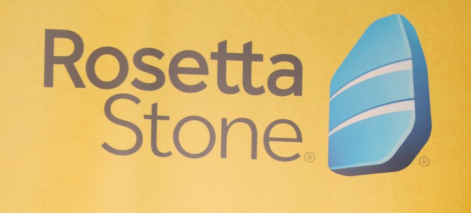 Rosetta Stone logo on a yellow background.