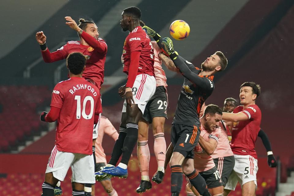 <p>David de Gea felt he was fouled for the opening goal</p> (POOL/AFP via Getty Images)