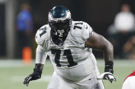 FILE - In this Sept. 15, 2019, file photo, Philadelphia Eagles offensive lineman Jason Peters (71) blocks against the Atlanta Falcons during an NFL football game in Atlanta. The big man wants to keep going. Peters turned 38 in January and NFL Network reported the left tackle has told friends he has his sights on playing into his 40s. (AP Photo/Michael Zarrilli, File)