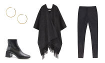 <p>Take a cue from Teigen and go for a boho-chic style for your next weekend look. Pair a cozy fringe poncho with gold hoop earrings and black booties. Opt for vegan leather leggings instead of leather pants if you prefer animal-friendly (and more affordable) gear. </p>