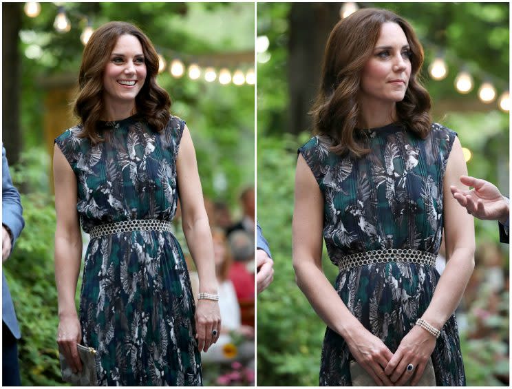 The intricate pattern on Kate Middleton’s dress features birds — eagles , in particular! The national bird of Germany is a Golden Eagle. <em>(Photo: Getty) </em>