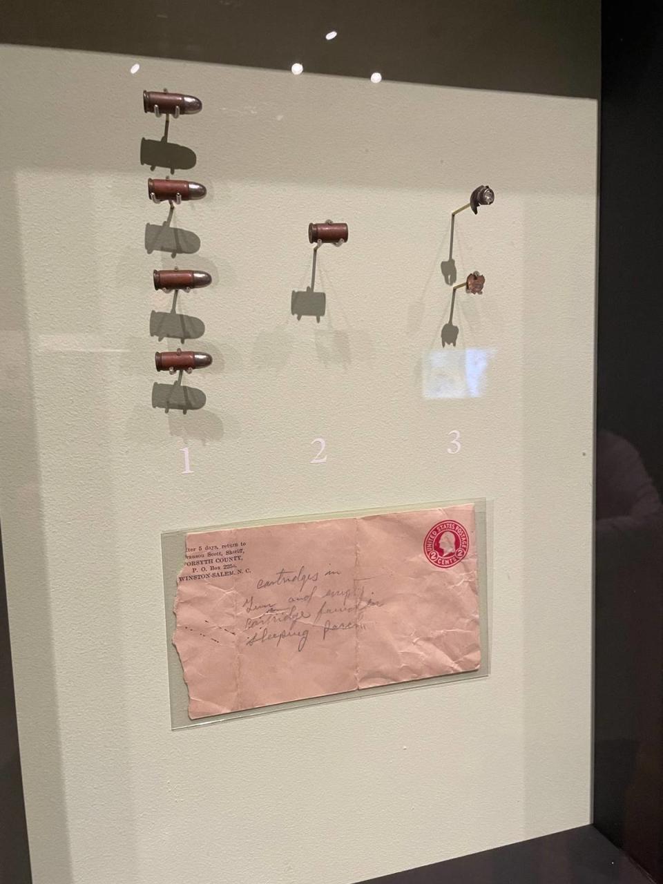 Bullet fragments from the shooting of Z. Smith Reynolds on display at the Reynolda House Museum of American Art, part of the “Smith & Libby: Two Rings, Seven Months, One Bullet” exhibit that runs through December 31, 2023.