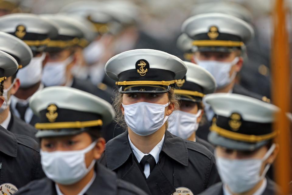 Dec 12, 2020; West Point, New York, USA; Midshipmen from the United States Naval Academy walk off the field before the Army-Navy game at Michie Stadium. Mandatory Credit: Danny Wild-USA TODAY Sports