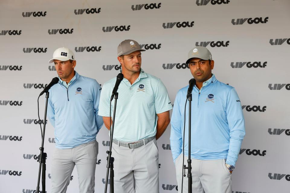 Charles Howell III of Crushers GC, Captain Bryson DeChambeau of Crushers GC and Anirban Lahiri of Crushers GC speak at a press conference during the practice round ahead of LIV Golf DC at the Trump National Golf Club.