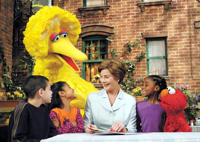 Big Bird, Laura Bush, Elmo - Credit: Everett Collection.