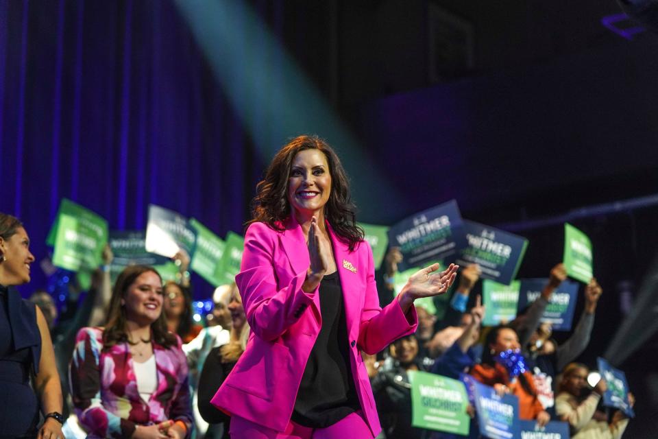 Gov. Gretchen Whitmer speaks to a crowd while celebrating her re-election during the Michigan Democratic watch party for the midterm elections at the Motor City Casino Sound Board in Detroit early Wednesday, Nov. 9, 2022.