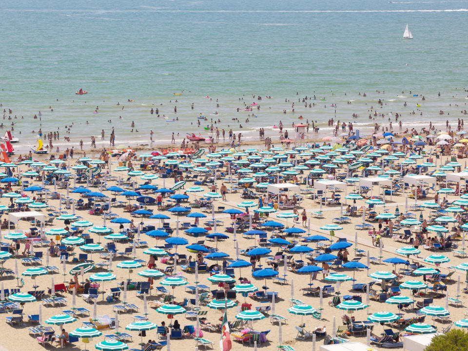 View of the beach with parasols, sun loungers and bathers, Lignano Sabbiadoro, Udine, Adriatic Coast, Italy, Europe