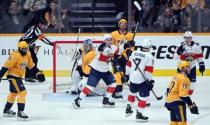 Jan 19, 2019; Nashville, TN, USA; Florida Panthers players celebrate after a goal during the third period against the Nashville Predators at Bridgestone Arena. Mandatory Credit: Christopher Hanewinckel-USA TODAY Sports