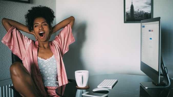 woman working from home in pajamas