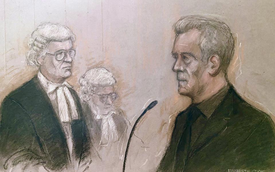 Court artist drawing of actor Stephen Tompkinson in the dock at Newcastle Crown Court - Elizabeth Cook/PA