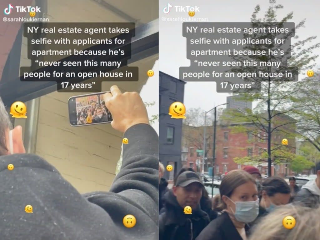 New Yorker shares video of real estate agent taking selfie in front of large crowd of people that showed up for open house (TikTok / @sarahloukiernan)