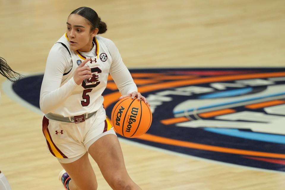 Apr 7, 2024; Cleveland, OH, USA; South Carolina Gamecocks guard Tessa Johnson (5) dribbles the ball against the Iowa Hawkeyes in the finals of the Final Four of the womens 2024 NCAA Tournament at Rocket Mortgage FieldHouse. Mandatory Credit: Aaron Doster-USA TODAY Sports