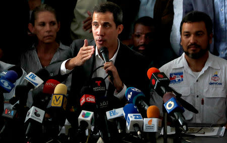 Venezuelan opposition leader Juan Guaido, who many nations have recognized as the country's rightful interim ruler, speaks during the meeting with public employees in Caracas, Venezuela March 5, 2019. REUTERS/Carlos Jasso