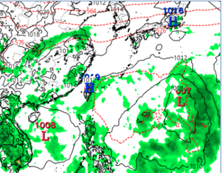 最新(25日20時)歐洲(ECMWF)模式模擬顯示，29日20時南海及菲律賓東方海面各有熱帶擾動發展，北部海面有微弱鋒面掠過。(擷自tropical tidbits)