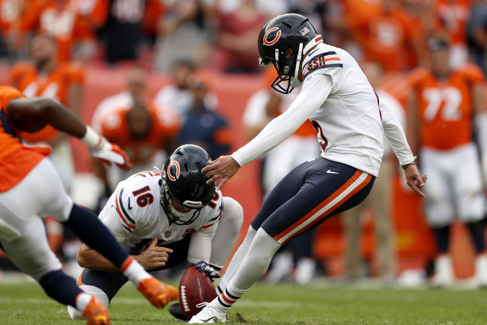 Chicago Bears kicker Eddy Pineiro (15) kicks the game-winning field goal as punter Pat O'Donnell (16) holds during the second half of an NFL football game against the Denver Broncos, Sunday, Sept. 15, 2019, in Denver. The Bears won 16-14. (AP Photo/David Zalubowski)