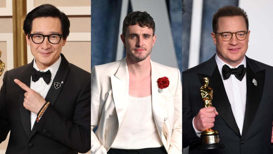 Ke Huy Quan, Paul Mescal, and Brendan Fraser wearing diamond brooches at the 2023 Academy Awards