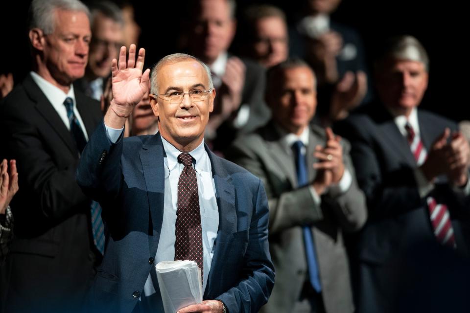 New York Times columnist David Brooks waves to the audience during an address on Tuesday, Oct. 22, 2019, at BYU’s Marriott Center in Provo, Utah. | Tyler Richardson, BYU