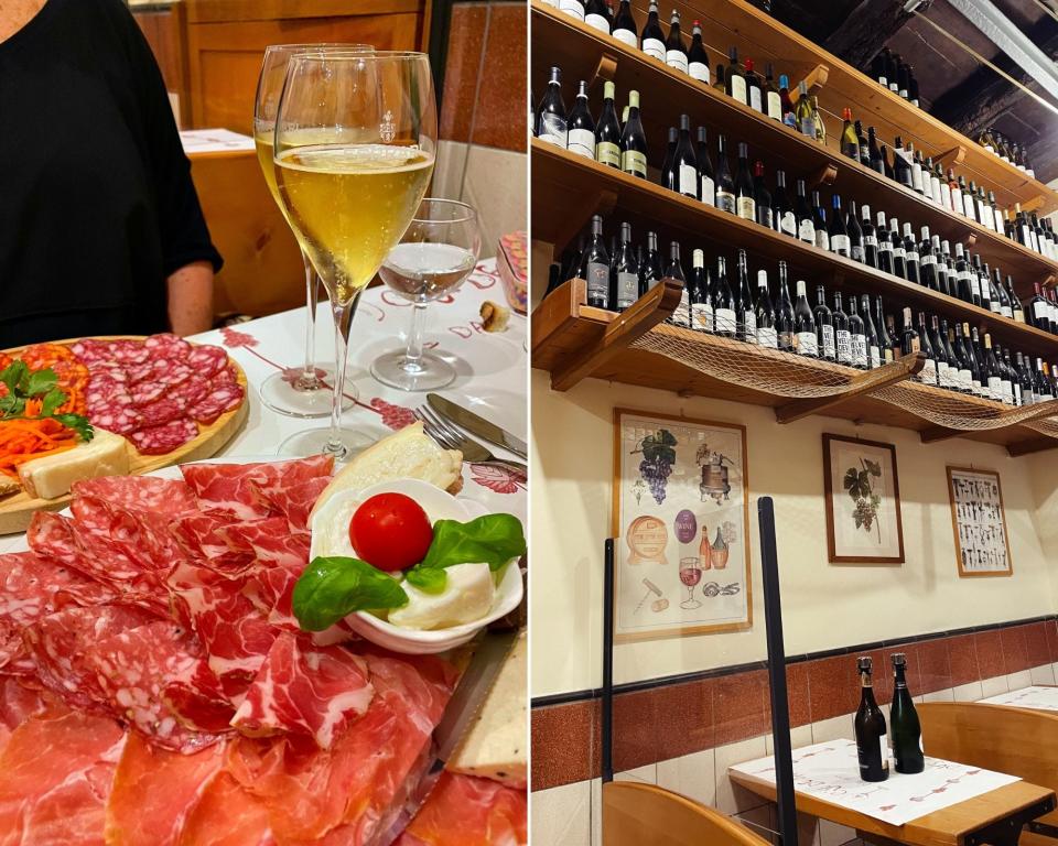 A charcuterie board with meats and cheeses and two flutes of champagne (L) and an interior shot of a a room with four rows of wine bottles (R)