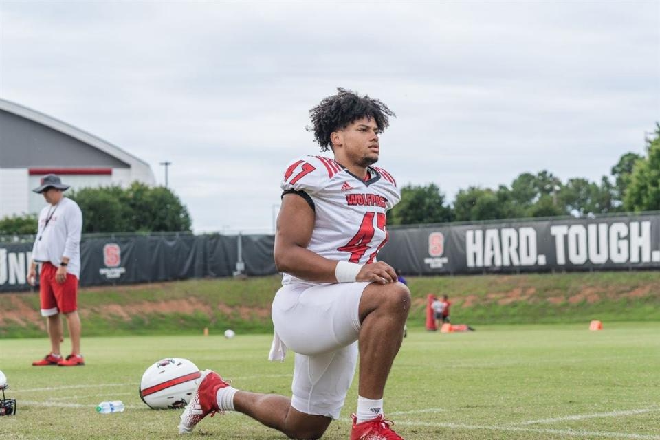 NC State redshirt freshman Cedric Seabrough warmups before practice. After playing in his first career game against ECU, Seabrough will start against Charleston Southern after Trent Pennix went down with an injury.