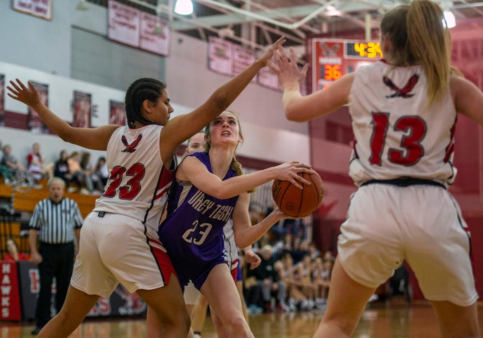 Blackstone Valley Tech junior Mara Keane loks to score against Hudson High School, Feb. 10, 2023.