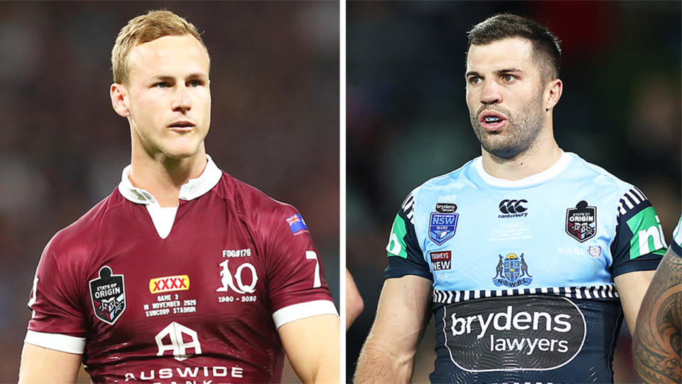 James Tedesco (pictured right) during State of Origin and (pictured left) Daly Cherry-Evans before Origin.