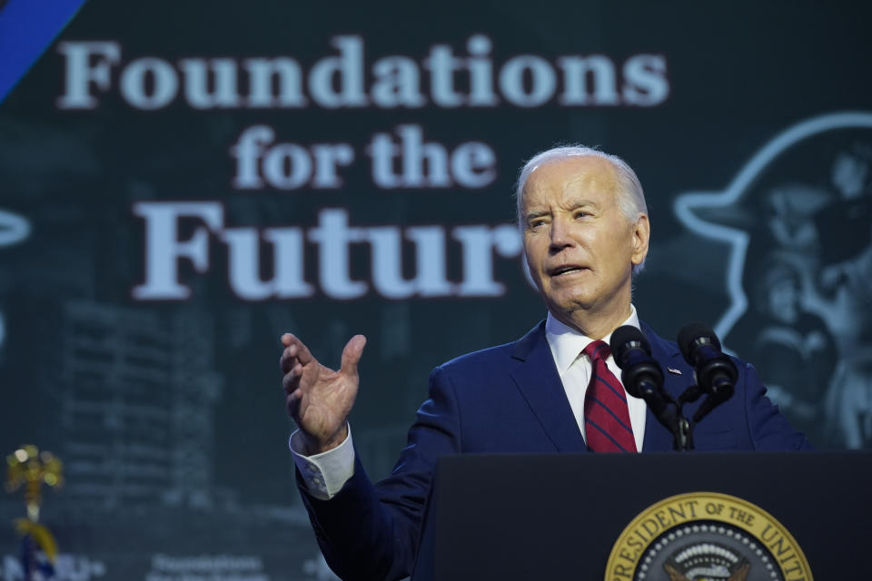 President Joe Biden speaks to the North America's Building Trade Union National Legislative Conference, Wednesday, April 24, 2024, in Washington. (AP Photo/Evan Vucci)