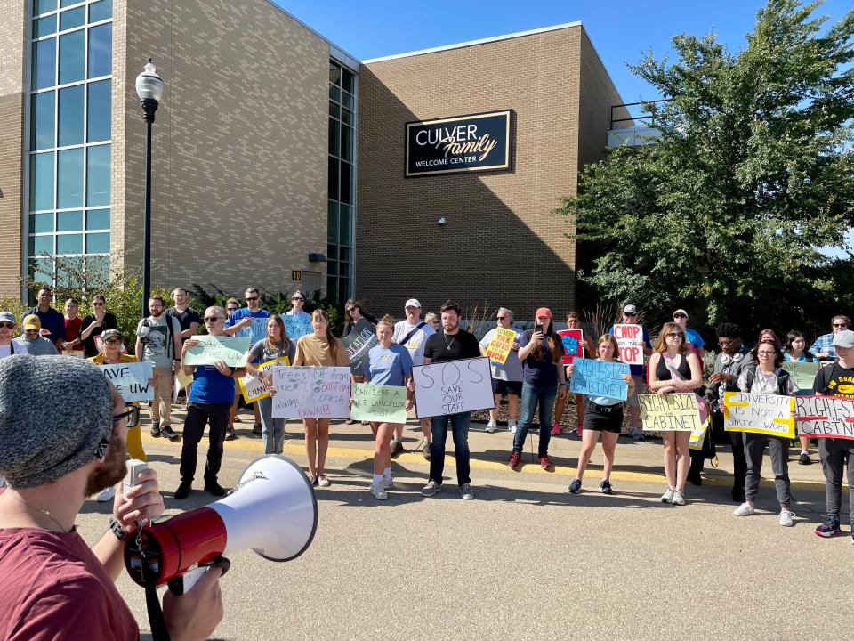 UW-Oshkosh students and staff rallied Tuesday, Oct. 3, against budget cuts that will eliminate more than 200 jobs.