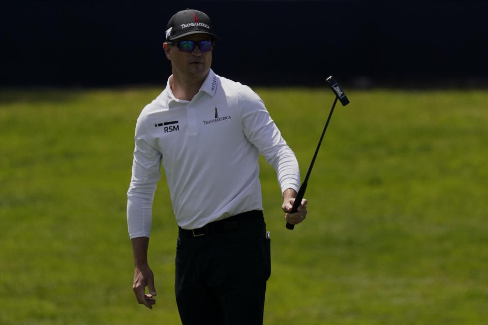 Zach Johnson watches his putt on the ninth hole during the first round of the PGA Championship golf tournament at TPC Harding Park Thursday, Aug. 6, 2020, in San Francisco. (AP Photo/Jeff Chiu)