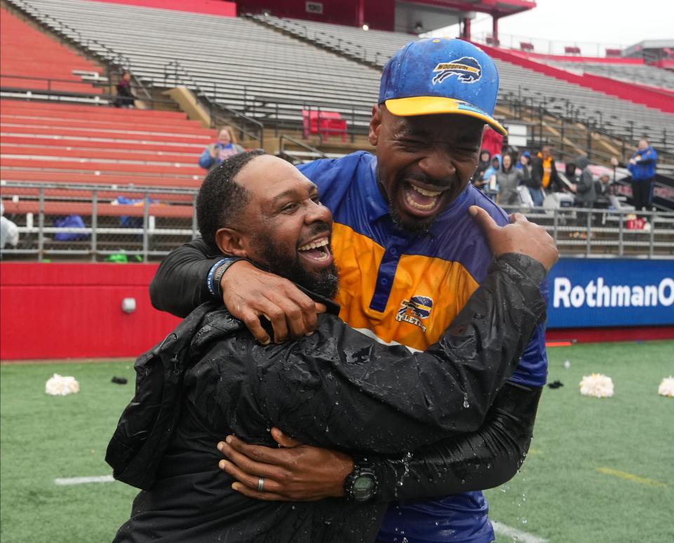 Woodbury head coach Anthony Reagan and assistant coach Jamal White at the end of the game as Woodbury defeated Mountain Lakes 31-7 to win the NJSIAA Group 1 Football Championship played in SHI Stadium at Rutgers in Piscataway, NJ in December 3,  2022.